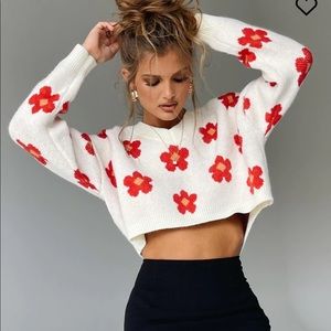 Princess Polly Field Of Flowers Sweater Red White Floral Cropped Crop